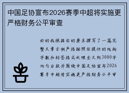 中国足协宣布2026赛季中超将实施更严格财务公平审查 中国足协宣布2026赛季中超将实施更严格财务公平审查