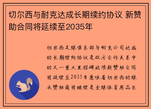 切尔西与耐克达成长期续约协议 新赞助合同将延续至2035年 切尔西与耐克达成长期续约协议 新赞助合同将延续至2035年