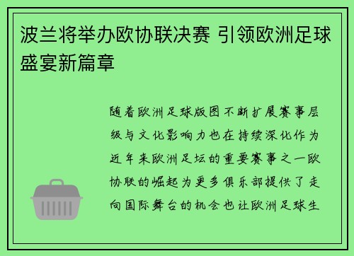 波兰将举办欧协联决赛 引领欧洲足球盛宴新篇章 波兰将举办欧协联决赛 引领欧洲足球盛宴新篇章