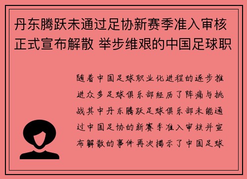 丹东腾跃未通过足协新赛季准入审核正式宣布解散 举步维艰的中国足球职业化困境再现 丹东腾跃未通过足协新赛季准入审核正式宣布解散 举步维艰的中国足球职业化困境再现